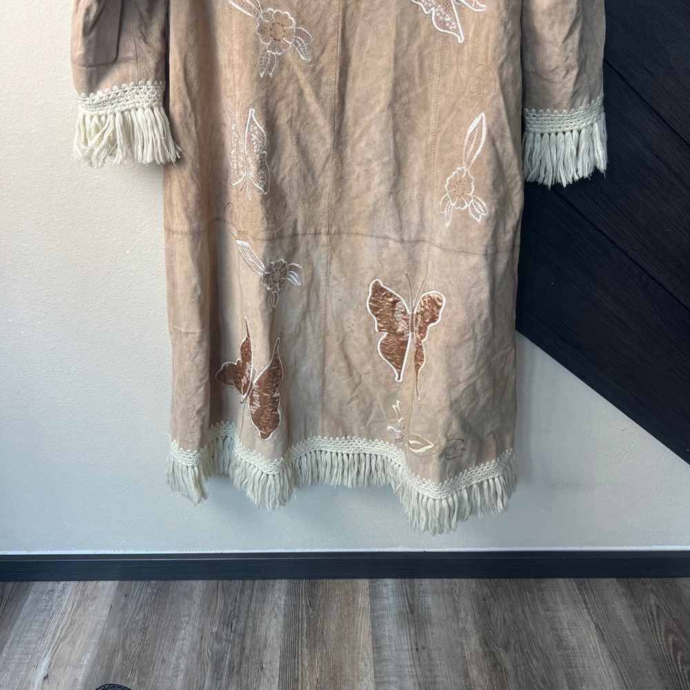 Via Accenti Womens Leather Hooded Duster Coat Butterfly Embroidered 14W Tan Boho - Picture 4 of 5